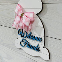 Load image into Gallery viewer, Welcome Friends Bunny Shaped Wooden Door Hanger White Shiplap Style With Pink And White Bow