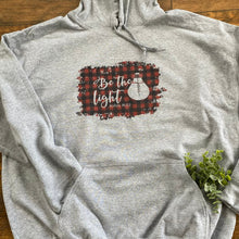 Load image into Gallery viewer, Be The Light Essential Jesus Red Buffalo Plaid Hoodie Heather Athletic Gray