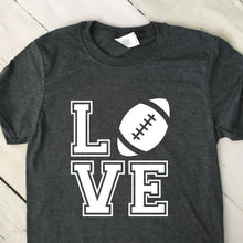 Load image into Gallery viewer, Love Block With Football Short Sleeve T Shirt Dark Heather Gray White Lettering