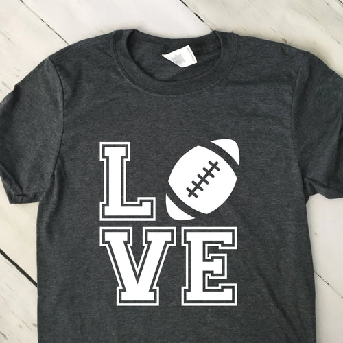 Love Block With Football Short Sleeve T Shirt Dark Heather Gray White Lettering