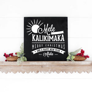 Mele Kalikimaka Hand Painted Wooden Sign Black Board White Lettering