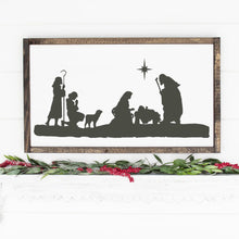 Load image into Gallery viewer, Christmas Nativity Scene Painted Wood Sign White Board Charcoal Image