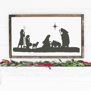 Christmas Nativity Scene Painted Wood Sign White Board Charcoal Image