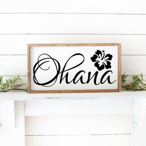 Ohana Hand Painted Framed Wood Sign White Paint Black Lettering