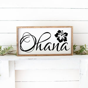 Ohana Hand Painted Framed Wood Sign White Paint Black Lettering