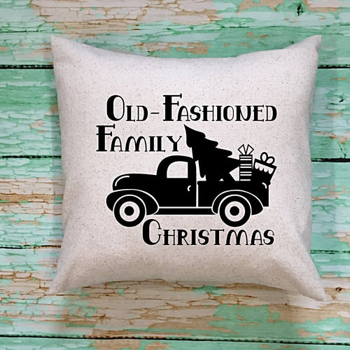 Old Fashioned Family Christmas Throw Pillow Cover Cream Fabric With Black Image