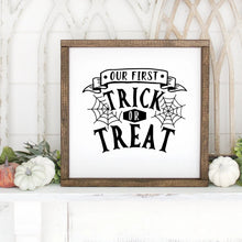 Load image into Gallery viewer, Our First Trick Or Treat Hand Painted Framed Wood Sign Small White Board Black Lettering