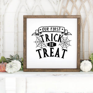 Our First Trick Or Treat Hand Painted Framed Wood Sign Small White Board Black Lettering