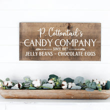 Load image into Gallery viewer, P Cottontails Candy Company Painted Wood Sign Dark Walnut