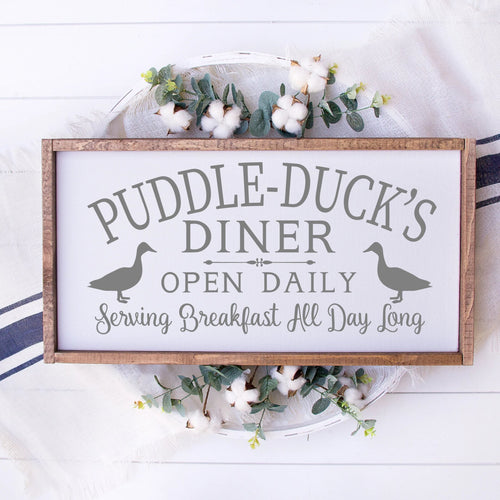 Puddle Ducks Diner Painted Wood Sign White