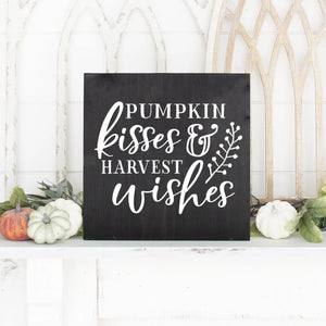 Pumpkin Kisses And Harvest Wishes Hand Painted Wood Sign Black Board White Lettering