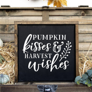 Pumpkin Kisses And Harvest Wishes Hand Painted Wood Sign Black Board White Lettering Framed