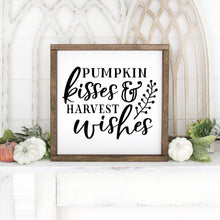 Load image into Gallery viewer, Pumpkin Kisses And Harvest Wishes Hand Painted Framed Wood Sign White Board Black Lettering
