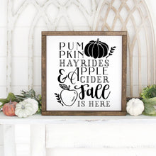 Load image into Gallery viewer, Pumpkins Hayrides Apple Cider Fall Is Here Hand Painted Framed Wood Sign White Board Black Lettering