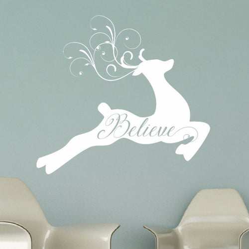 Reindeer With Believe and Swirly Antlers Vinyl Wall Decal 22595