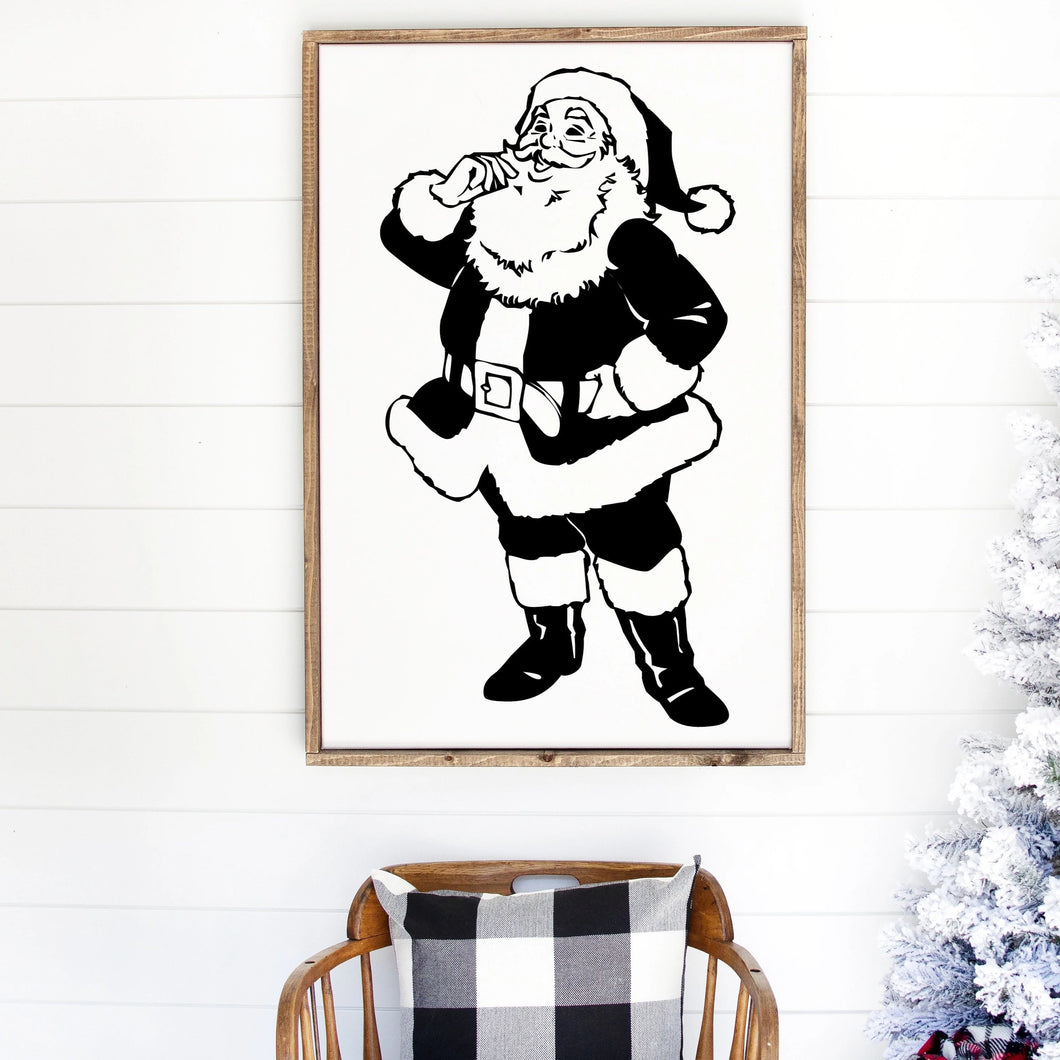 Santa Claus Painted Wood Sign White Board Black Image