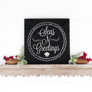 Seas And Greetings Hand Painted Christmas Wood Sign Black Board White Letters