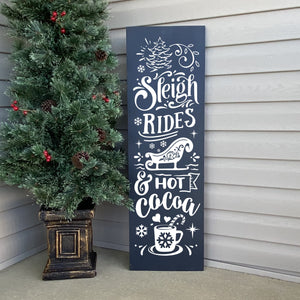 Sleigh Rides And Hot Cocoa Painted Wooden Porch Sign Dark Blue Board White Lettering