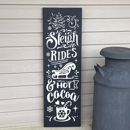 Sleigh Rides And Hot Cocoa Painted Wooden Porch Sign Black Board White Lettering