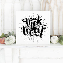 Load image into Gallery viewer, Trick Or Treat With Bats Hand Painted Wood Sign White Board Black Lettering