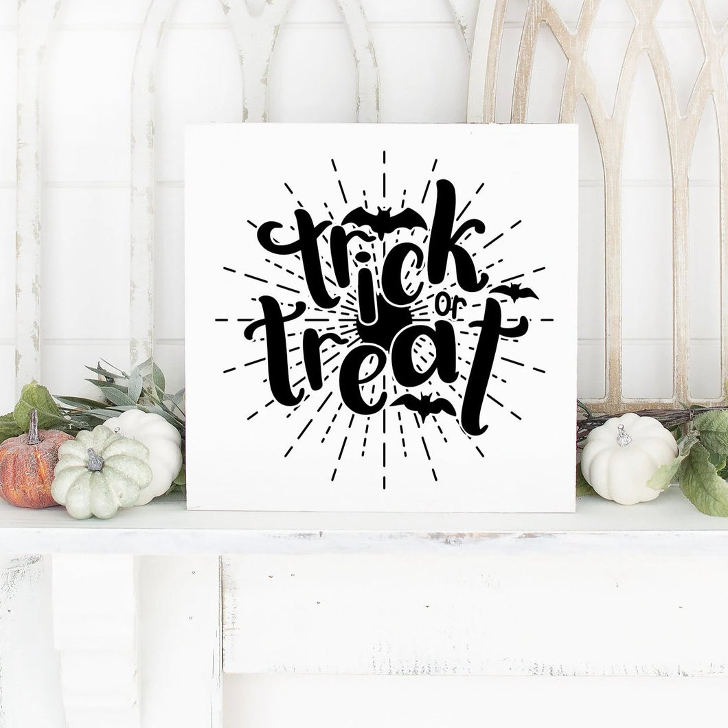 Trick Or Treat With Bats Hand Painted Wood Sign White Board Black Lettering