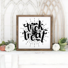 Load image into Gallery viewer, Trick Or Treat With Bats Hand Painted Framed Wood Sign White Board Black Letters