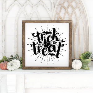 Trick Or Treat With Bats Hand Painted Framed Wood Sign White Board Black Letters