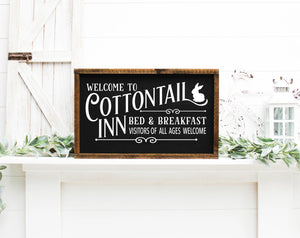 Welcome To The Cottontail Inn Bed & Breakfast Painted Wood Sign Black