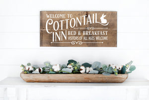Welcome To The Cottontail Inn Bed & Breakfast Painted Wood Sign Dark Walnut