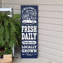 Load image into Gallery viewer, Welcome To Our Carrot Patch Painted Wood Porch Welcome Sign Dark Blue Board White Image