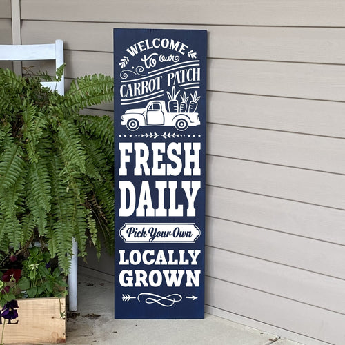 Welcome To Our Carrot Patch Painted Wood Porch Welcome Sign Dark Blue Board White Image